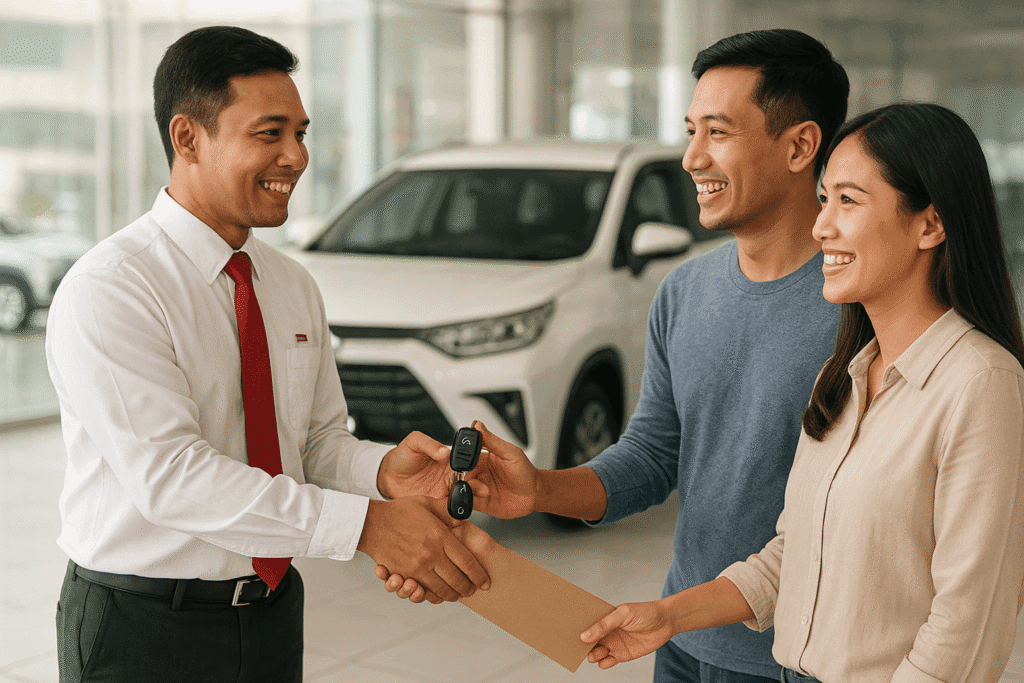 Salesman Tunas Toyota Bekasi Adityo sedang jabat tangan dengan customer setelah pengajuan kredit mobil disetujui