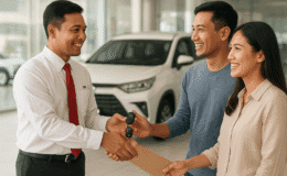 Salesman Tunas Toyota Bekasi Adityo sedang jabat tangan dengan customer setelah pengajuan kredit mobil disetujui