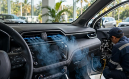 AC mobil tidak dingin, teknisi mengecek kisi AC dashboard Toyota