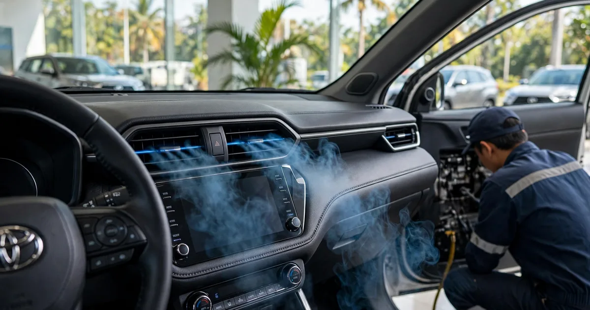 AC mobil tidak dingin, teknisi mengecek kisi AC dashboard Toyota