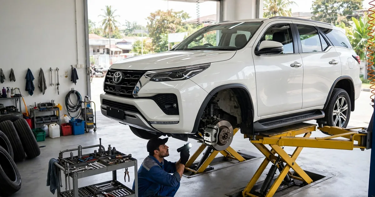 Kaki-kaki mobil bunyi gluduk diperiksa mekanik di bengkel, penyebab bunyi gluduk dan estimasi biaya perbaikan