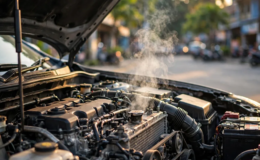 Mesin mobil overheat: kap mesin terbuka dengan uap keluar dari area radiator