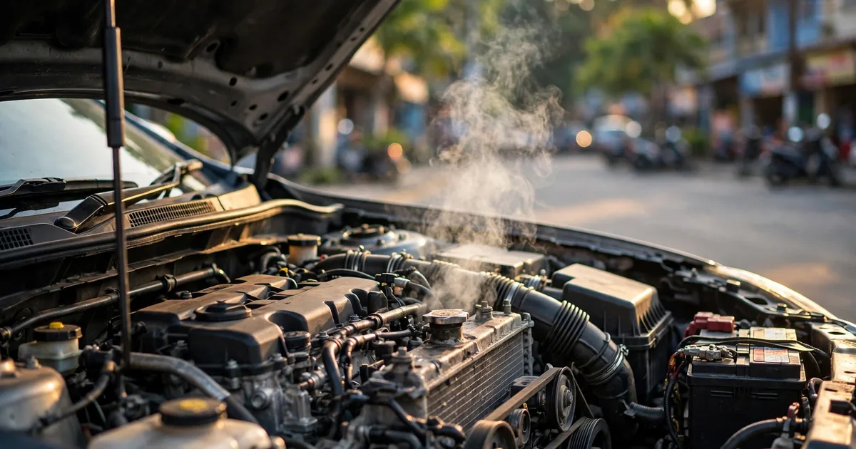Mesin mobil overheat: kap mesin terbuka dengan uap keluar dari area radiator