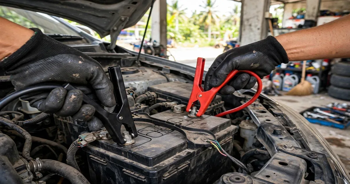 Mekanik menjumper aki mobil yang susah distarter