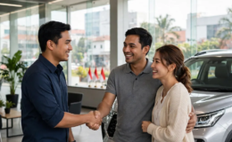 Proses kredit mobil Toyota sampai approve: sales berjabat tangan dengan pembeli di showroom Tunas Toyota Bekasi