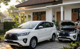 Tips merawat mobil Toyota biar awet 10 tahun, pemilik mengecek oli mesin di halaman rumah