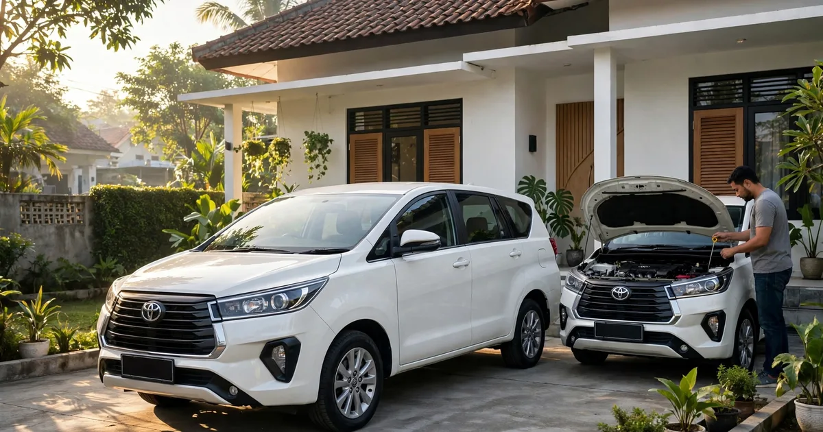 Tips merawat mobil Toyota biar awet 10 tahun, pemilik mengecek oli mesin di halaman rumah